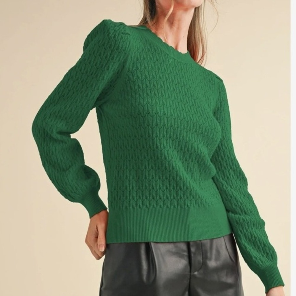 Merci Green Ribbed Puff Sleeve V Neck Sweater Top Women's‎ Size L Cotton